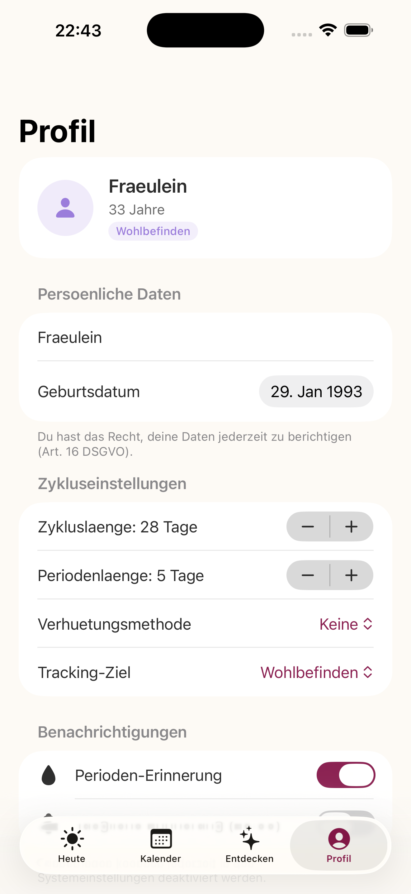 Profil — Persönliche Daten und Zykluseinstellungen
